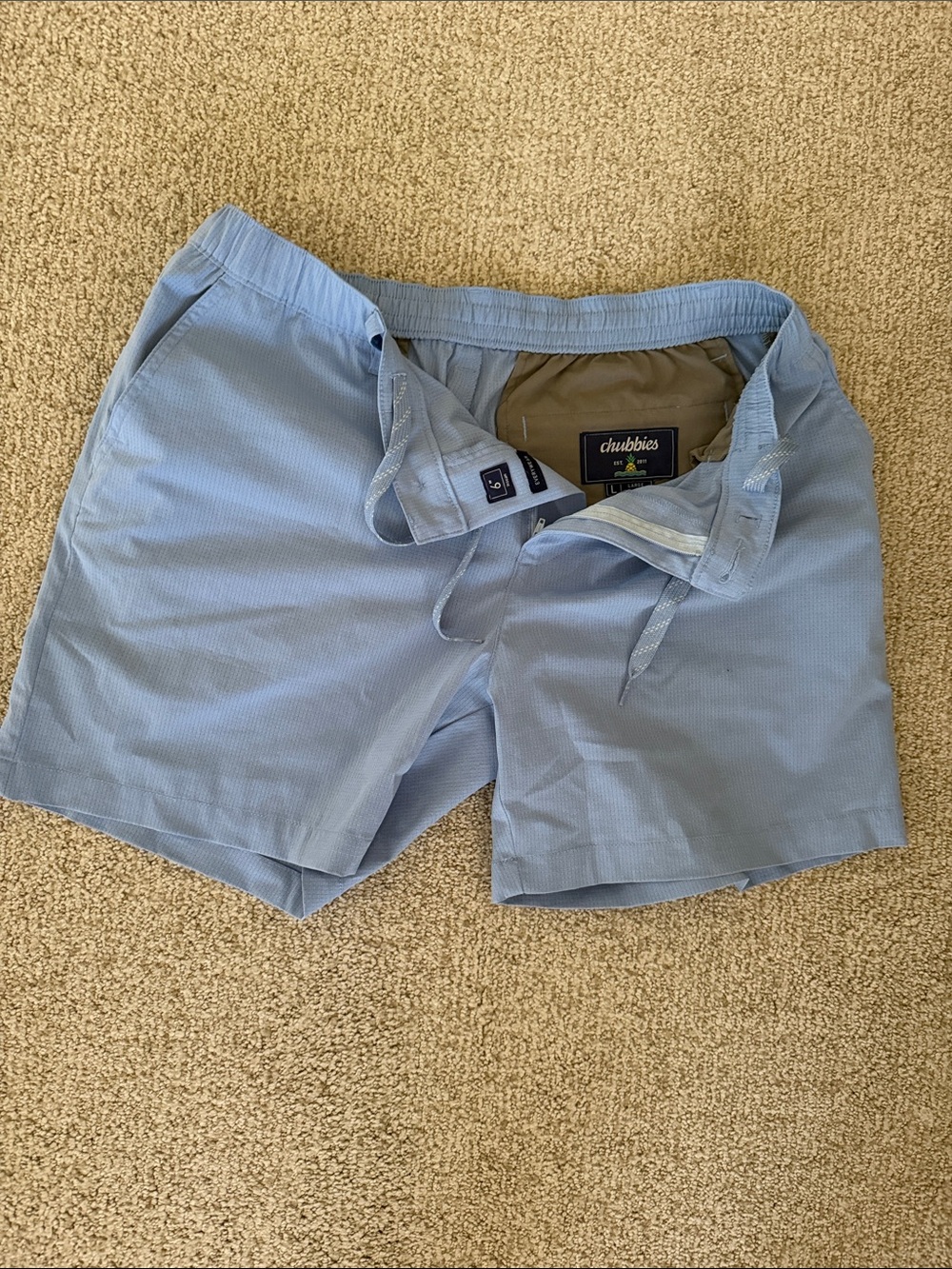 chubbies Blue Flat Front Mens Shorts stretch belt + drawstrings AMAZING FEATURES
